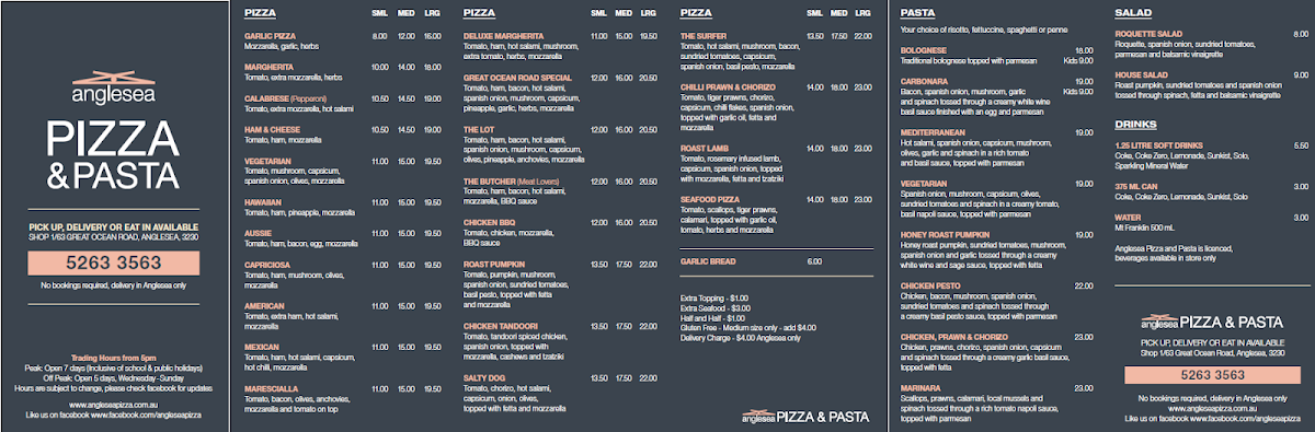 Menu, Anglesea Pizza & Pasta