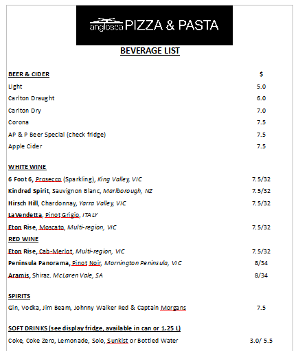 Menu, Anglesea Pizza & Pasta