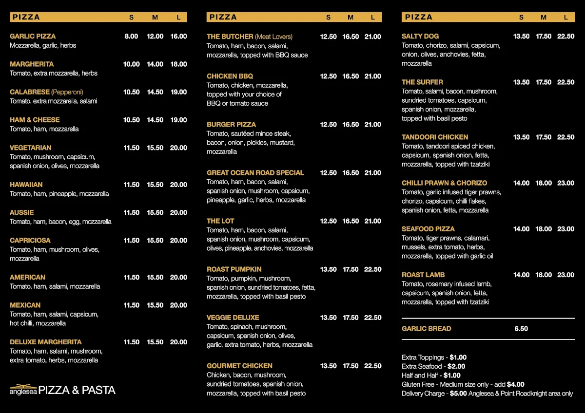 Menu, Anglesea Pizza & Pasta