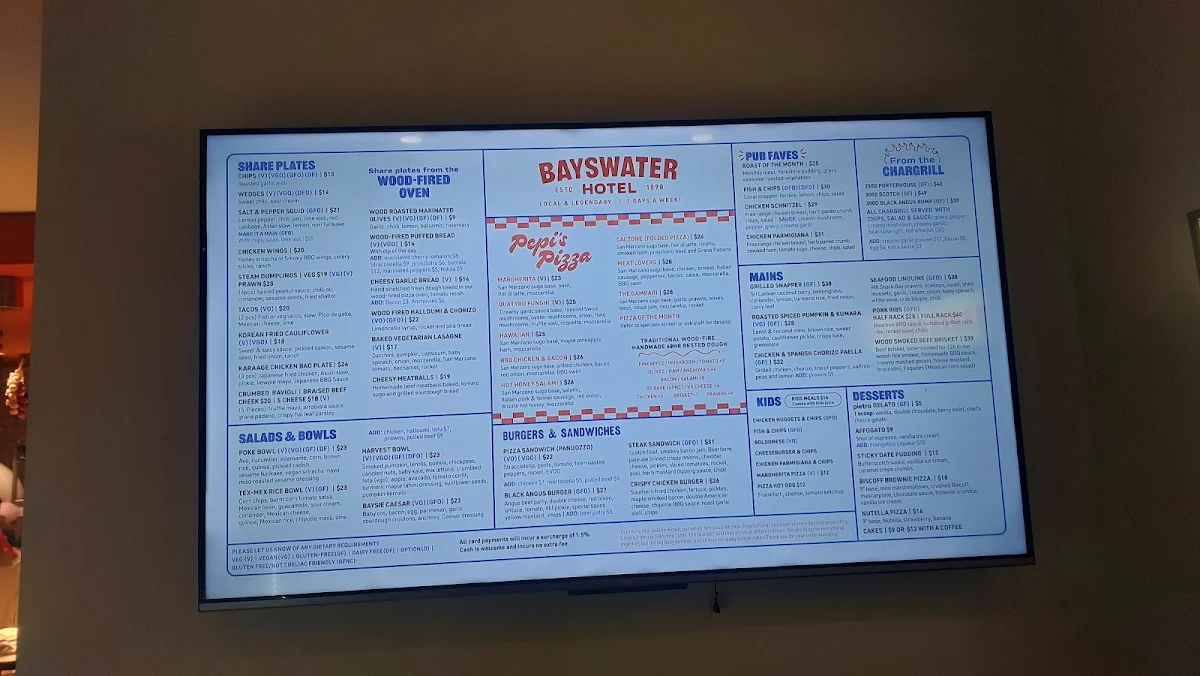 Menu, Bayswater Hotel Restaurant