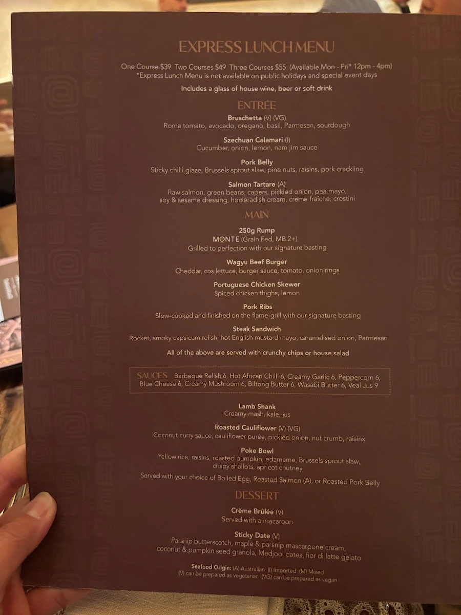 Menu, The Meat & Wine Co Circular Quay - O'Connell St