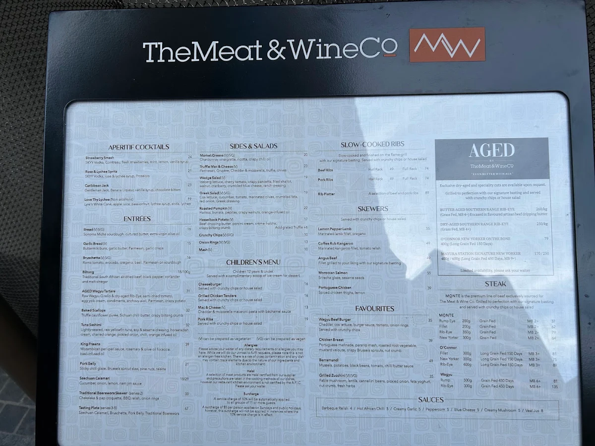 Menu, The Meat & Wine Co Circular Quay - O'Connell St