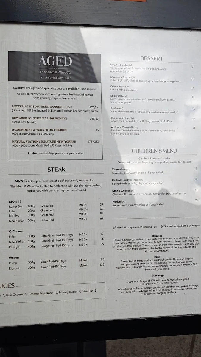 Menu, The Meat & Wine Co Circular Quay - O'Connell St