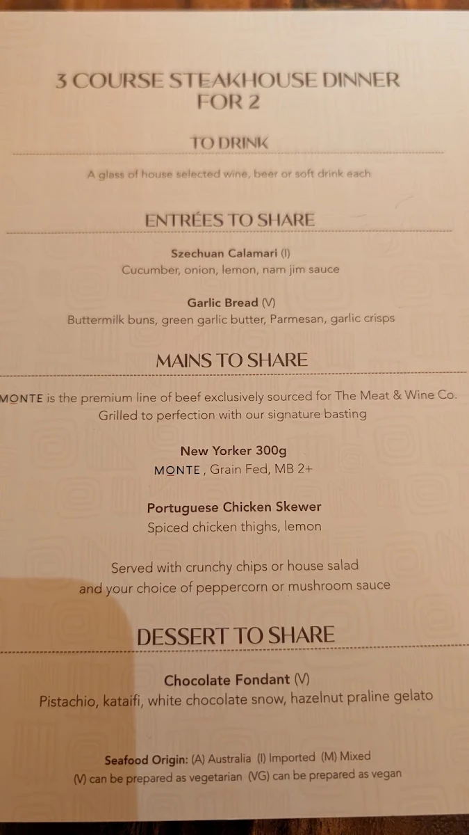 Menu, The Meat & Wine Co Circular Quay - O'Connell St