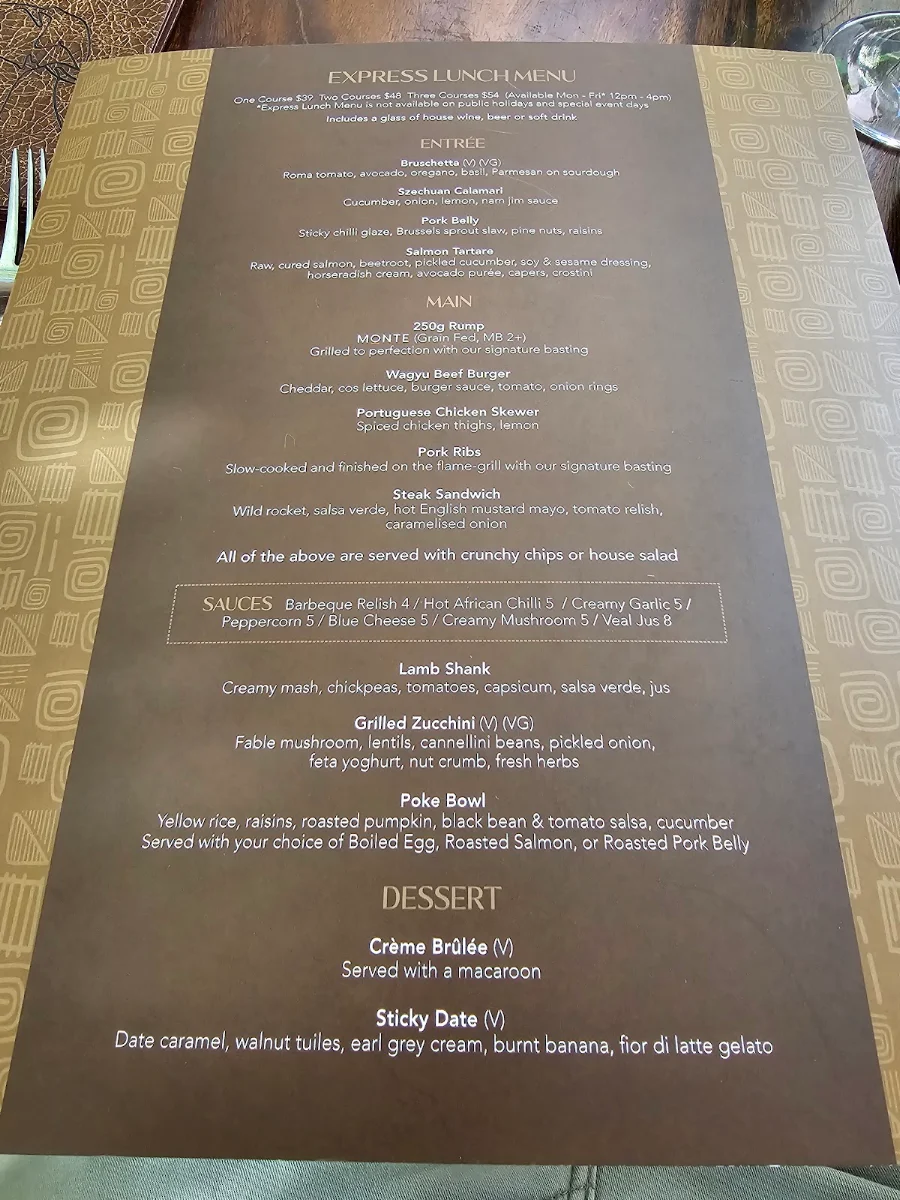 Menu, The Meat & Wine Co Circular Quay - O'Connell St