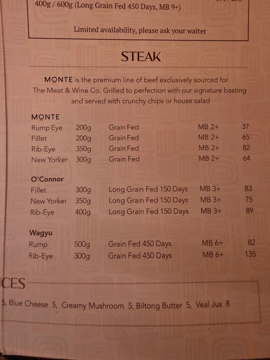 Menu, The Meat & Wine Co Circular Quay - O'Connell St