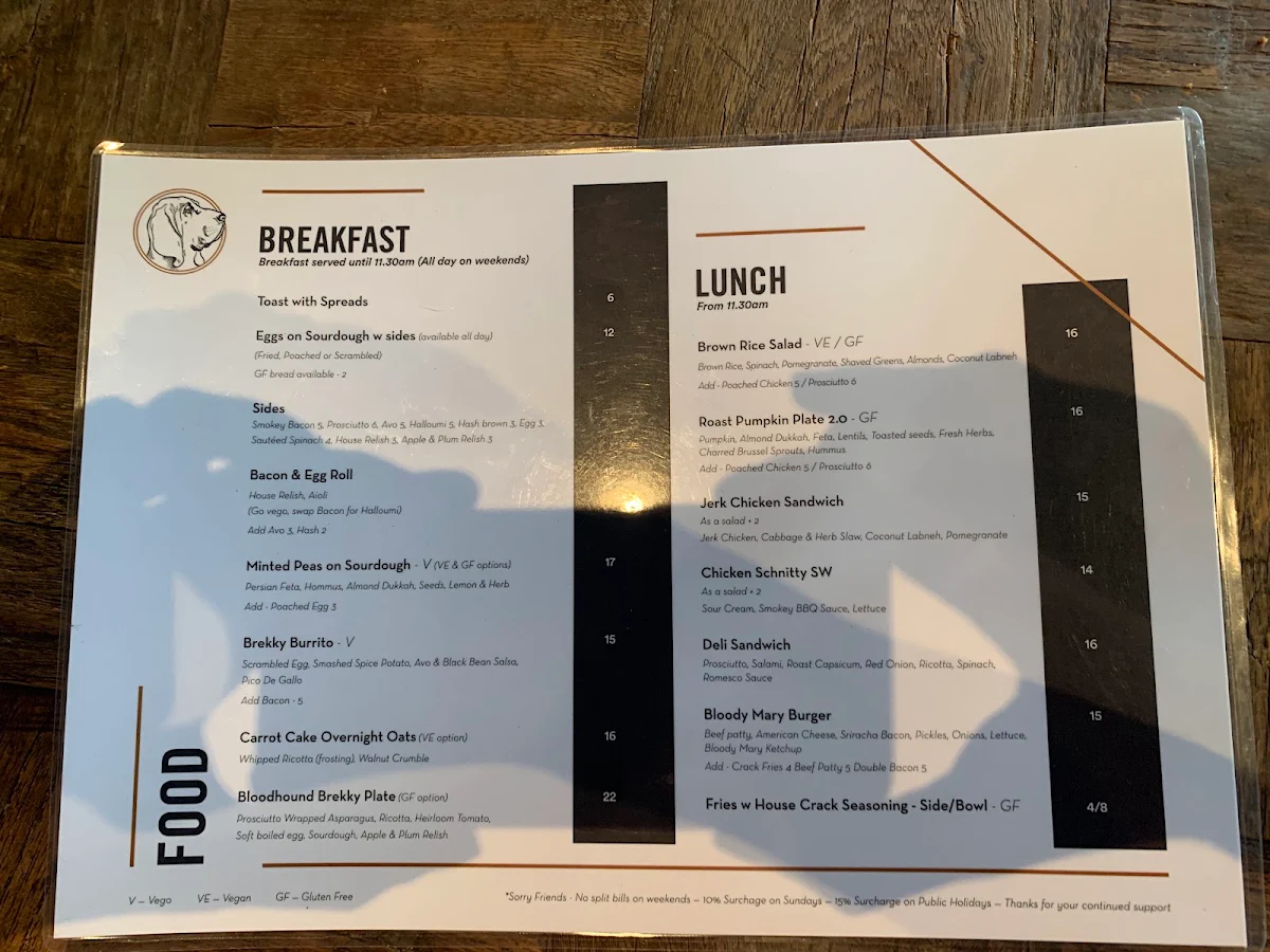 Menu, Bloodhound Espresso