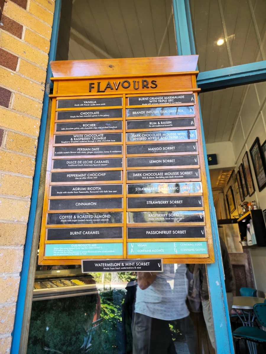 Menu, The Bellingen Gelato Bar