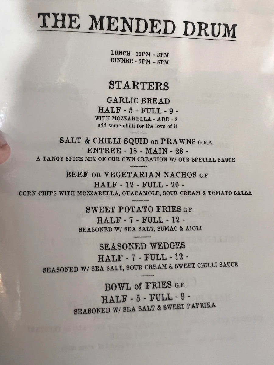 Menu, The Mended Drum