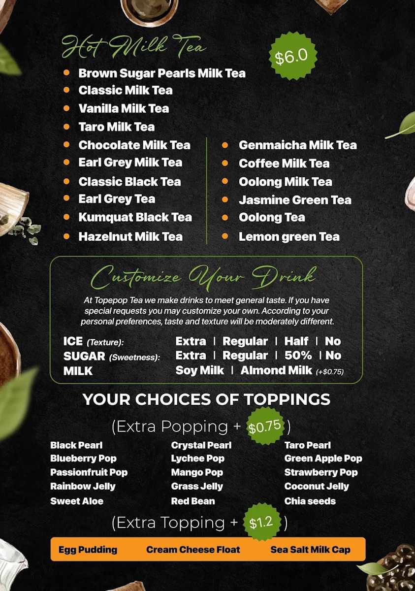 Menu, Topepop Tea