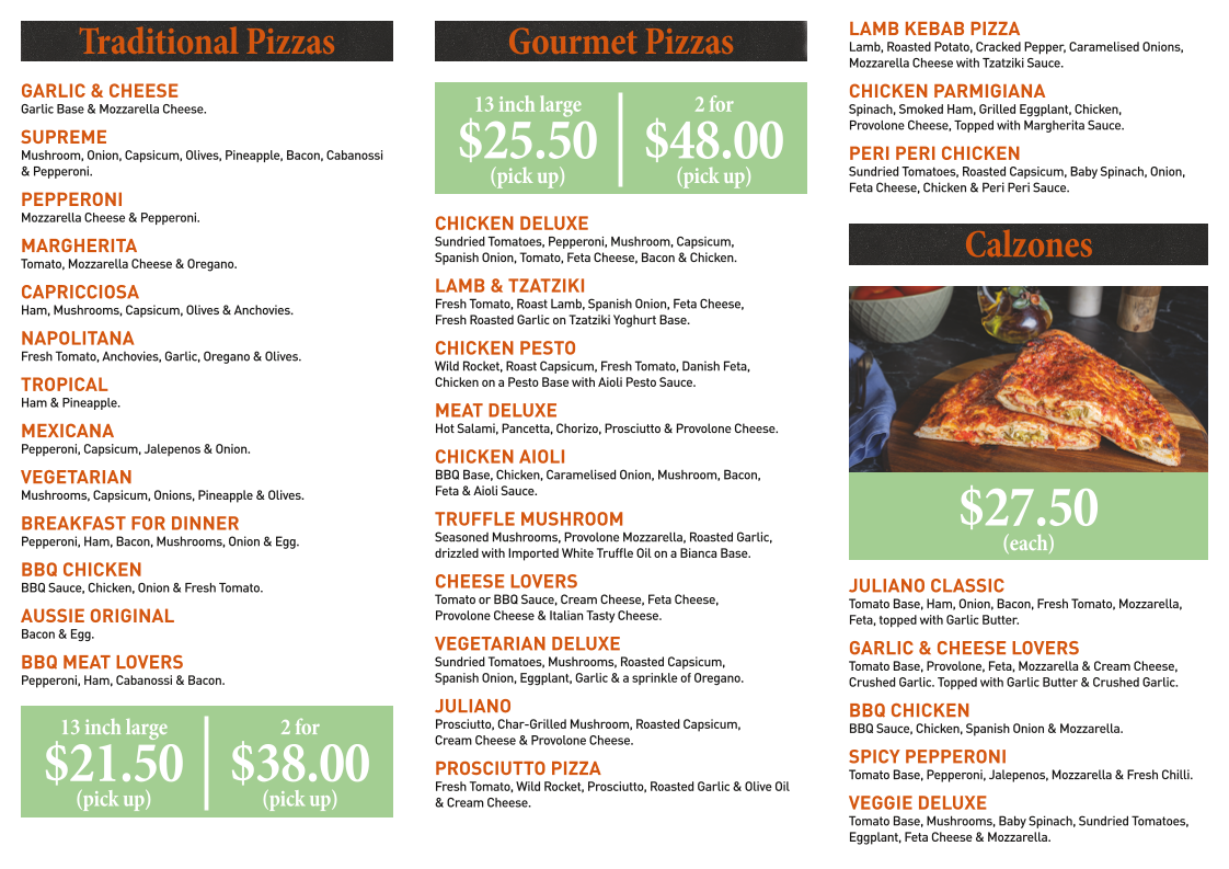 Menu, Juliano Pizzaria