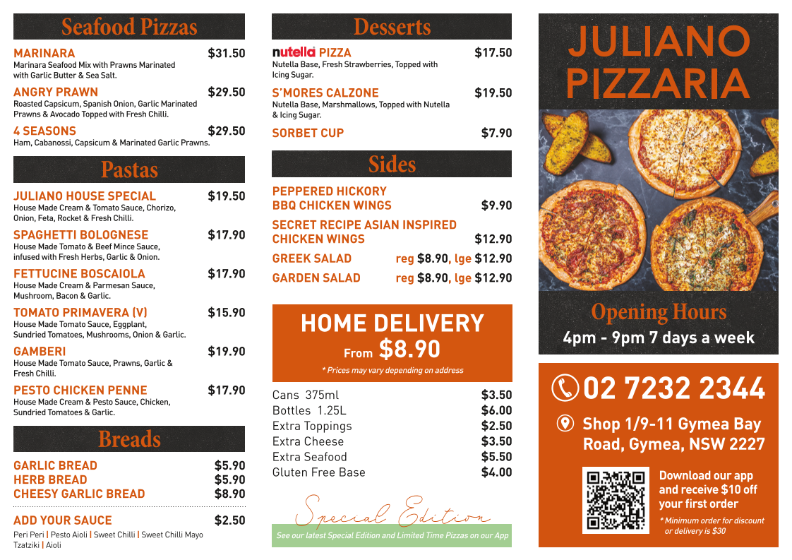 Menu, Juliano Pizzaria