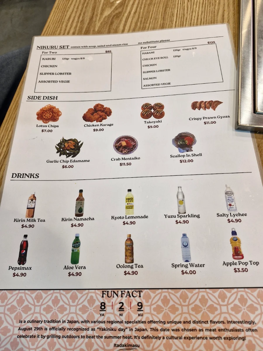 Menu, Nikuru Japanese BBQ