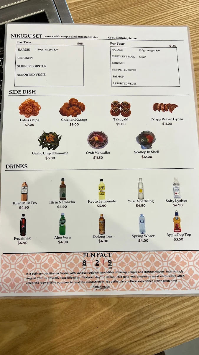 Menu, Nikuru Japanese BBQ