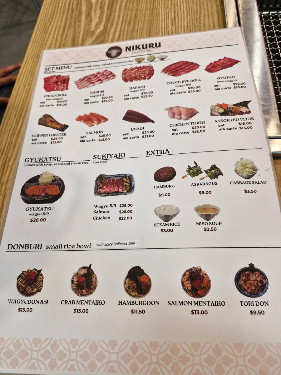 Menu, Nikuru Japanese BBQ