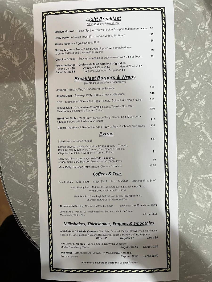 Menu, The Retro Diner