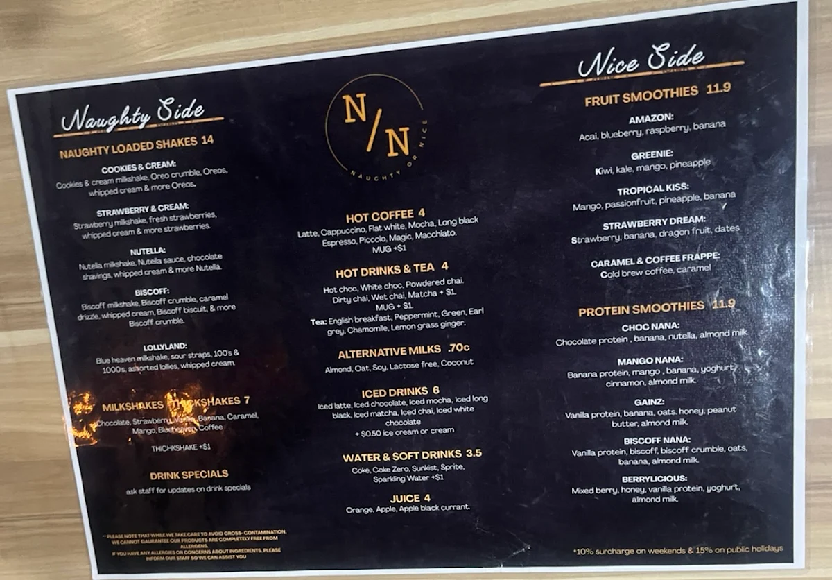 Menu, Naughty or Nice Cafe