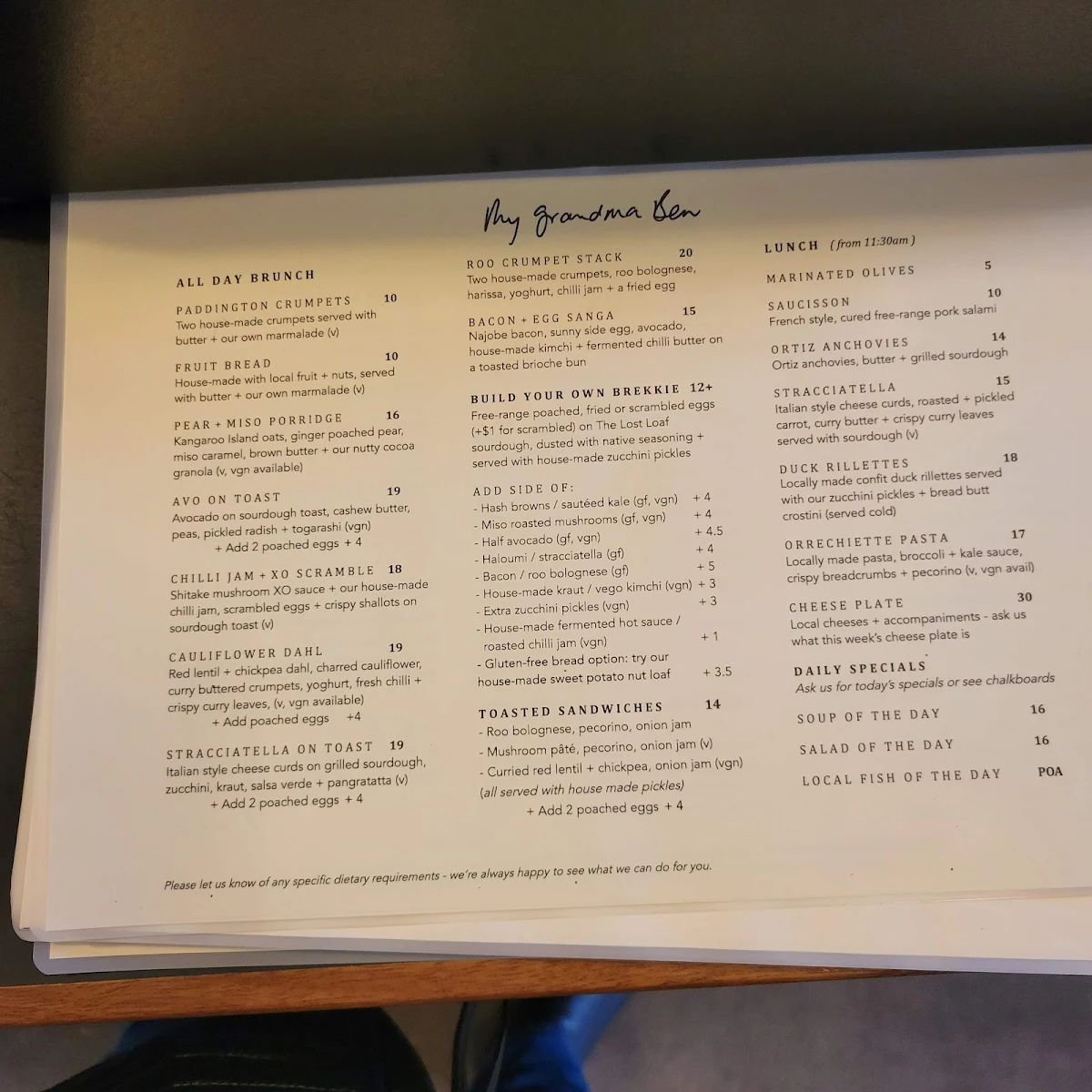 Menu, My Grandma Ben