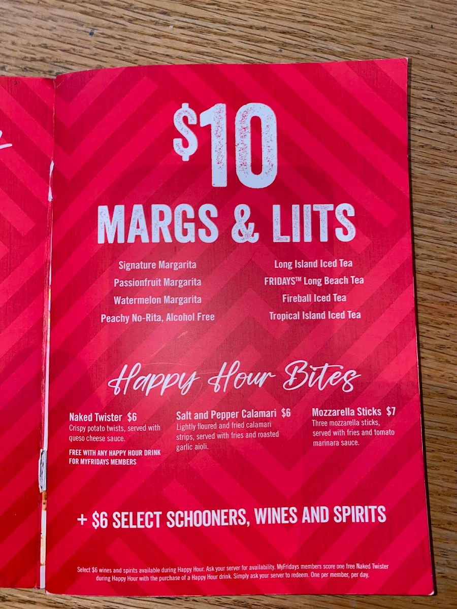 Menu, TGI Fridays Sunshine Plaza