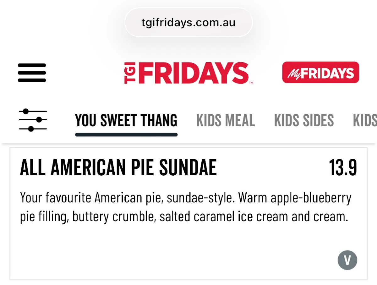 Menu, TGI Fridays Sunshine Plaza