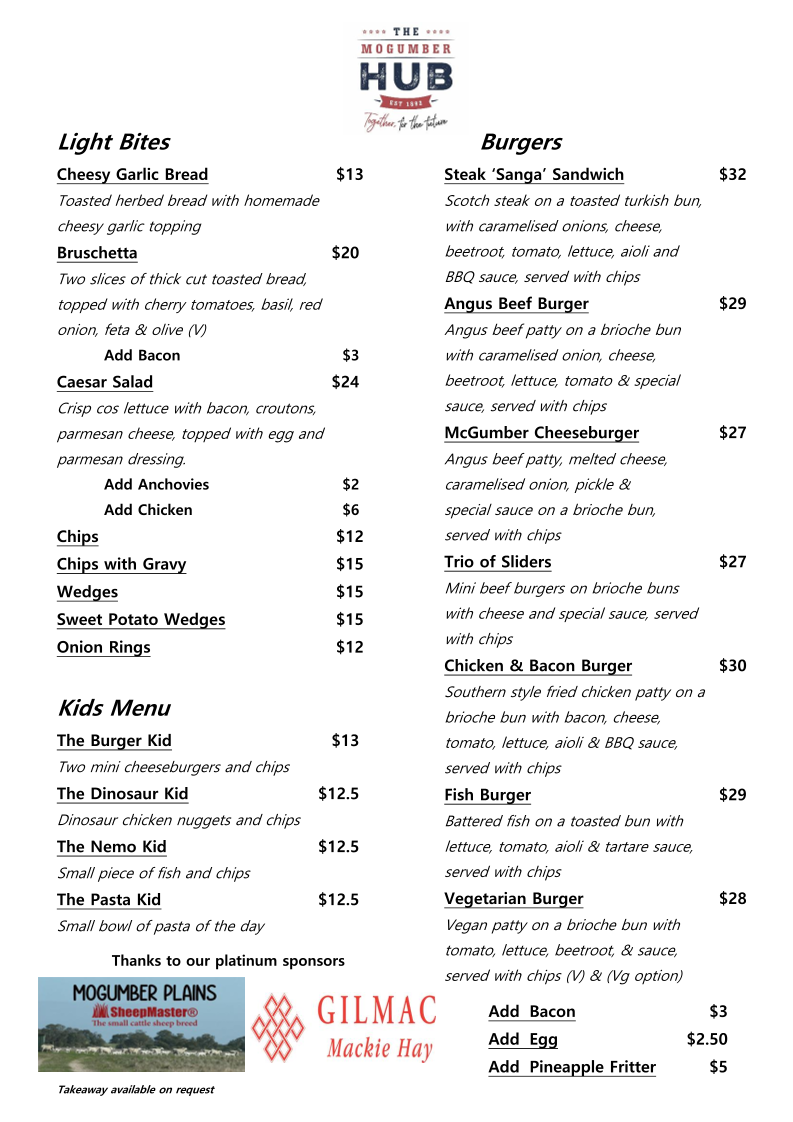 Menu, Mogumber Hub