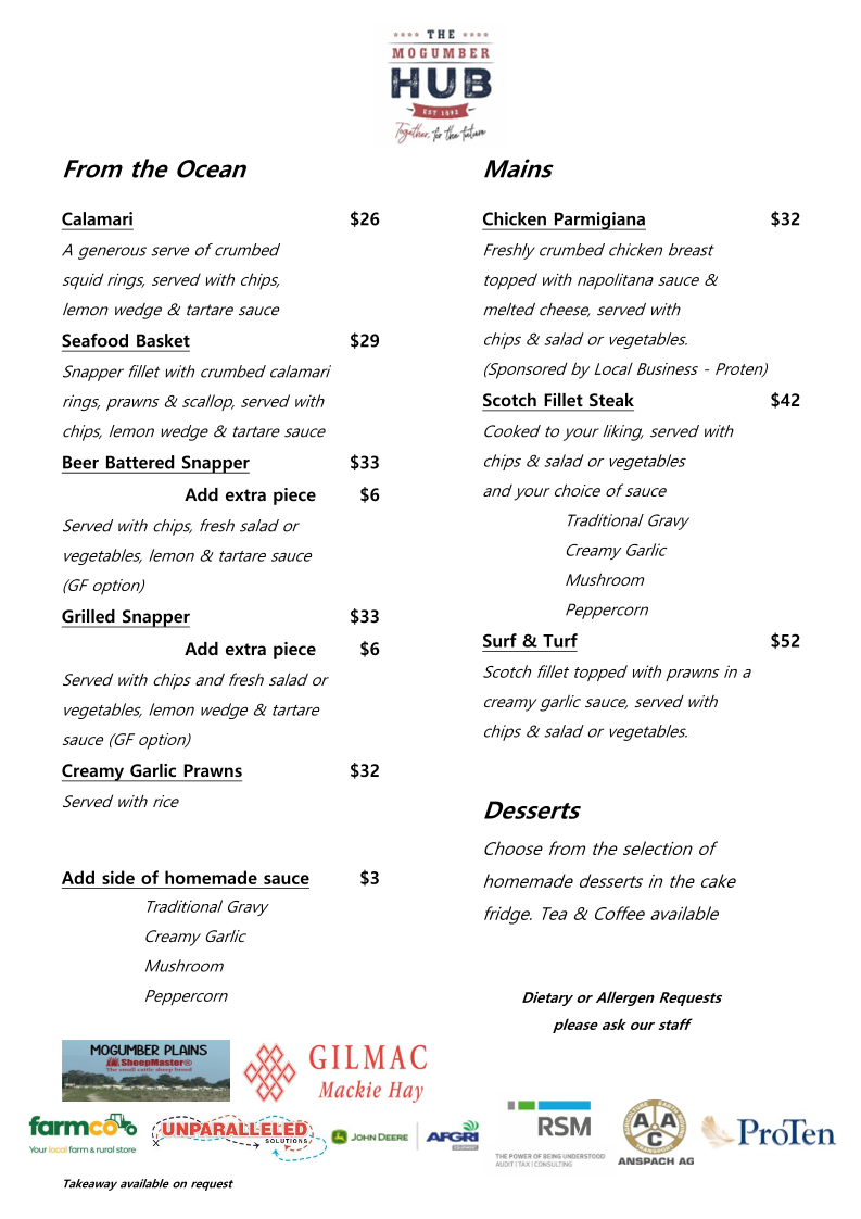 Menu, Mogumber Hub