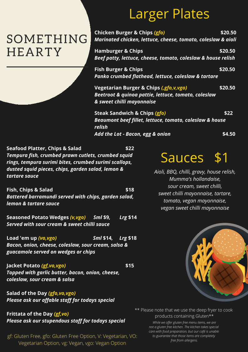 Menu, Mumma Buzz Cafe 'N' Takeaway