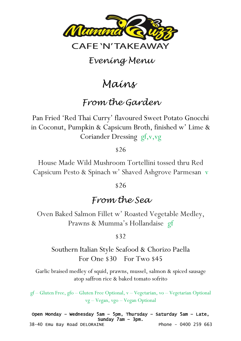 Menu, Mumma Buzz Cafe 'N' Takeaway