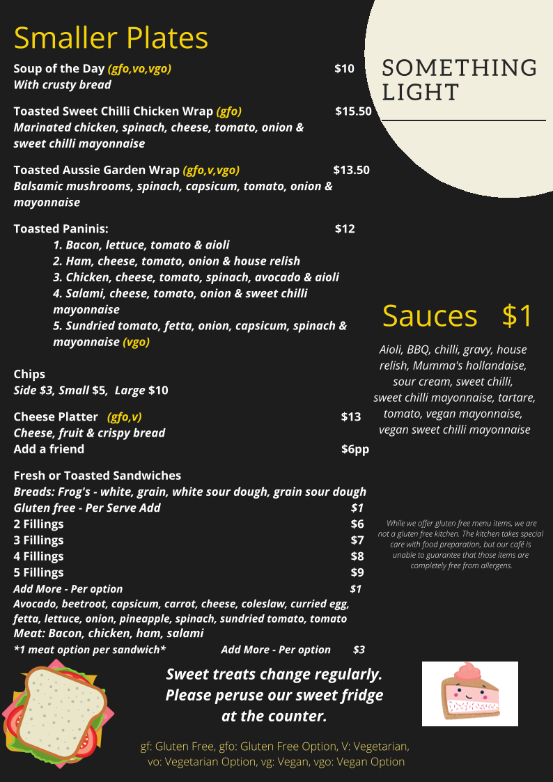 Menu, Mumma Buzz Cafe 'N' Takeaway