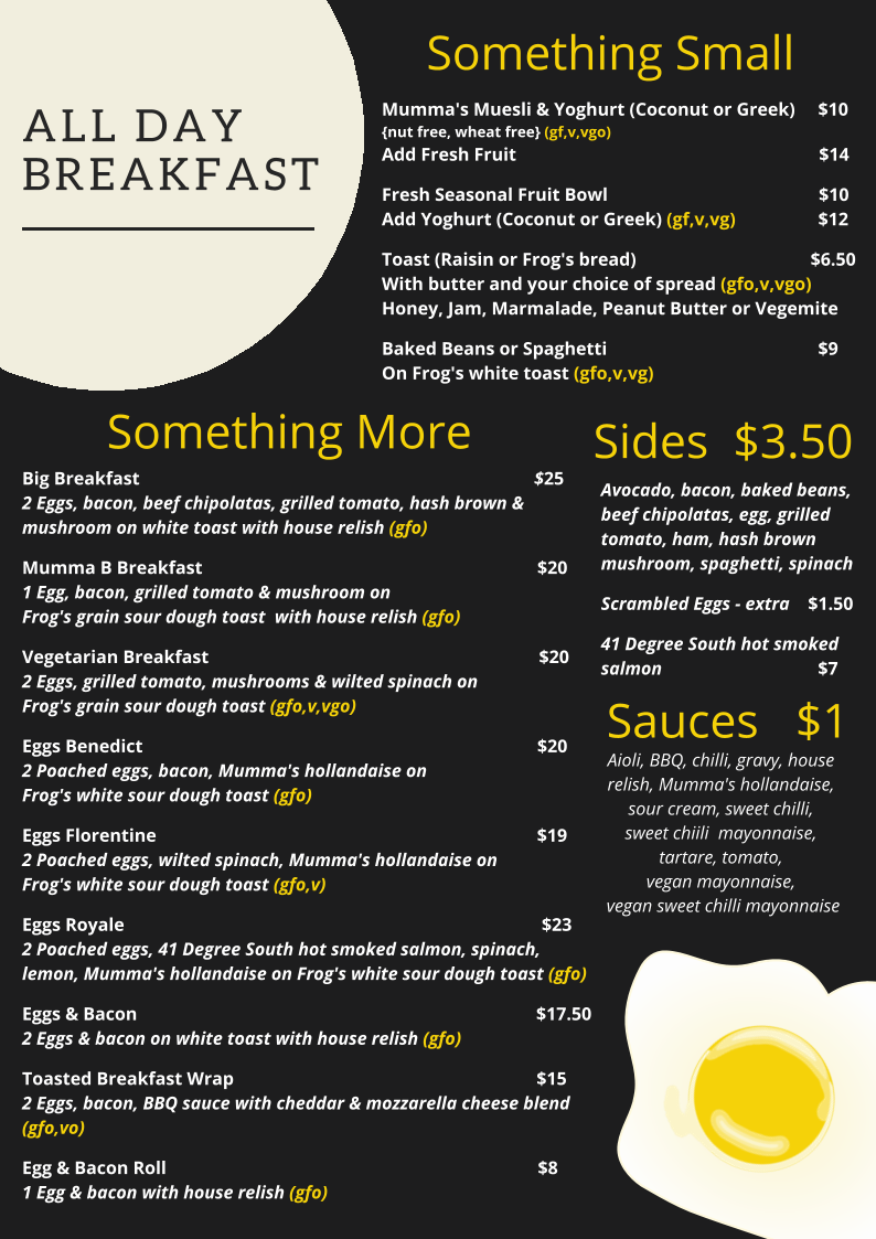 Menu, Mumma Buzz Cafe 'N' Takeaway