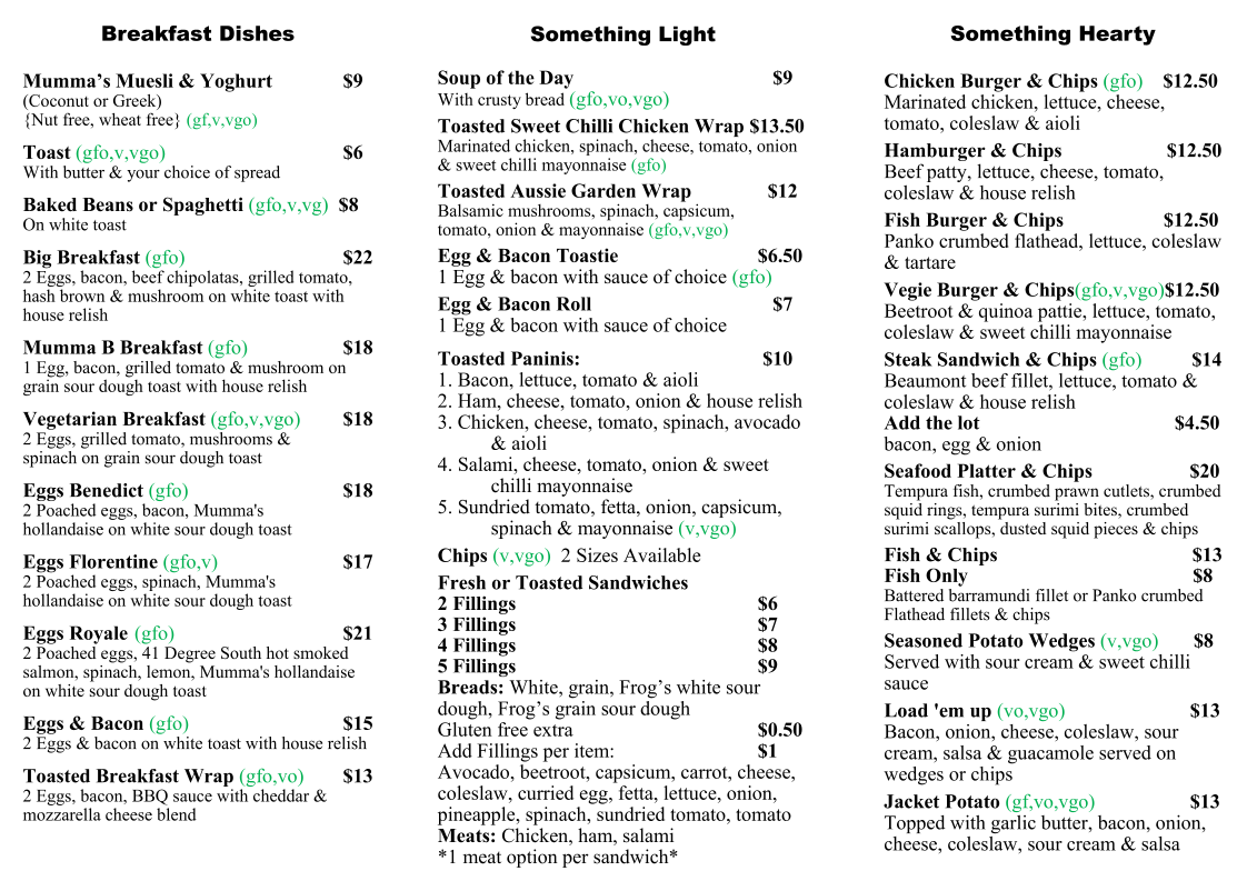 Menu, Mumma Buzz Cafe 'N' Takeaway