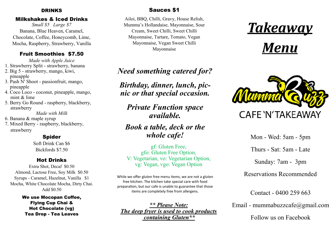 Menu, Mumma Buzz Cafe 'N' Takeaway