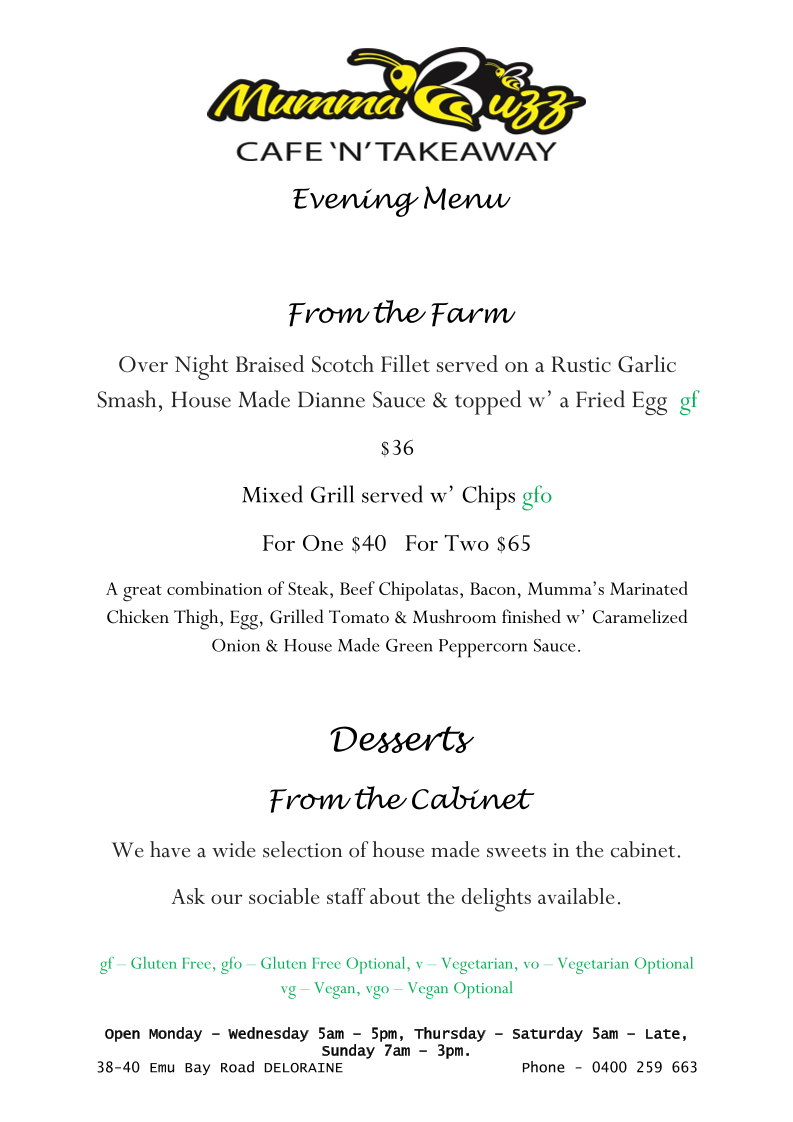 Menu, Mumma Buzz Cafe 'N' Takeaway