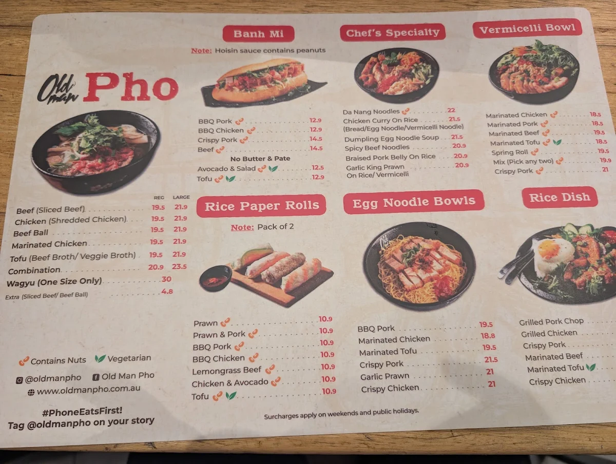 Menu, Old Man Pho Docklands - Vietnamese Restaurant