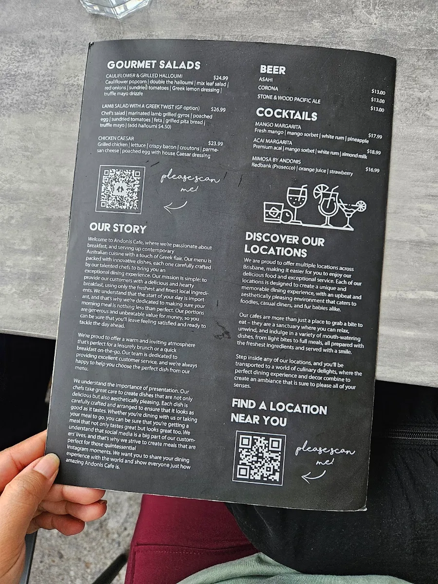 Menu, Andonis Cafe & Bar, Chermside