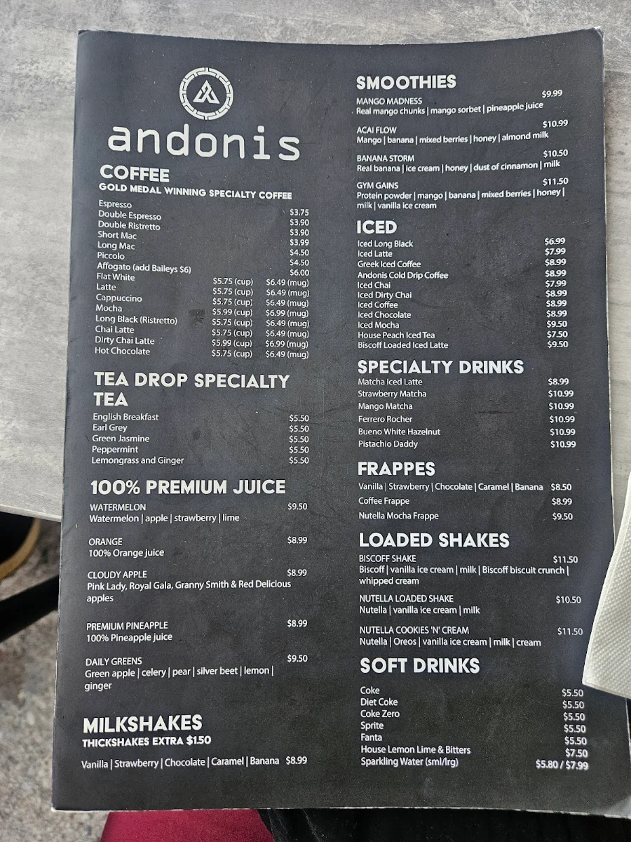 Menu, Andonis Cafe & Bar, Chermside