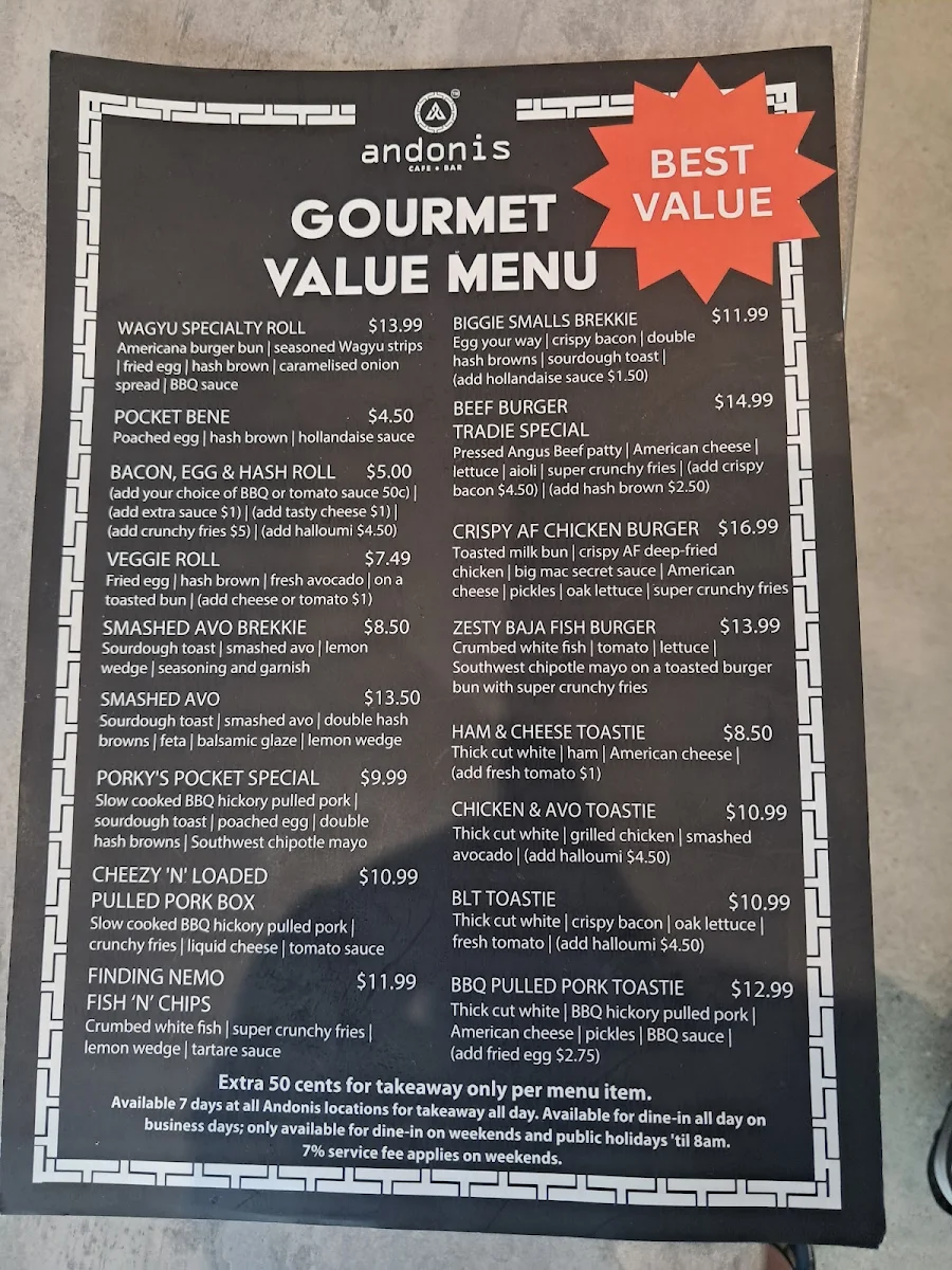 Menu, Andonis Cafe & Bar, Chermside