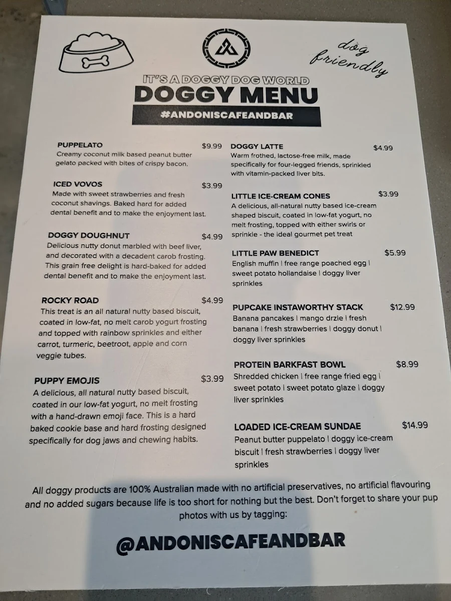 Menu, Andonis Cafe & Bar, Chermside