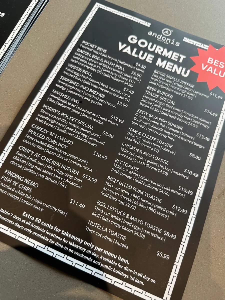 Menu, Andonis Cafe & Bar, Chermside