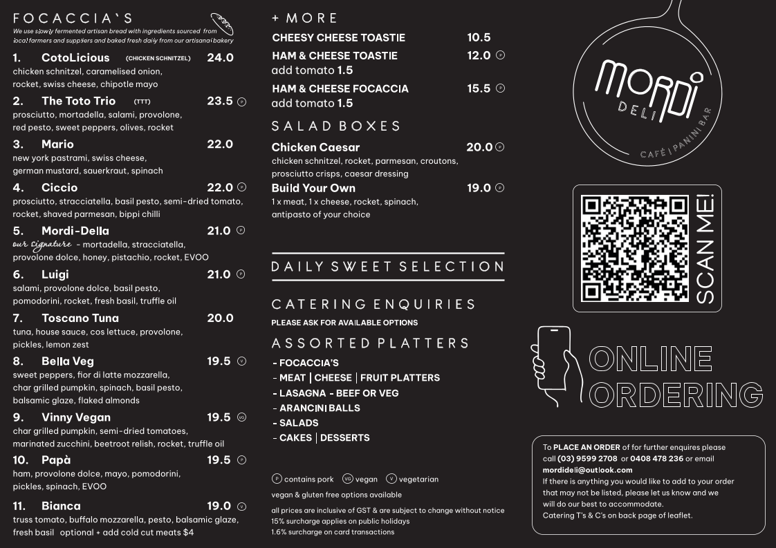 Menu, Mordi Deli Cafe Panini Bar