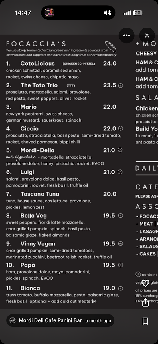 Menu, Mordi Deli Cafe Panini Bar