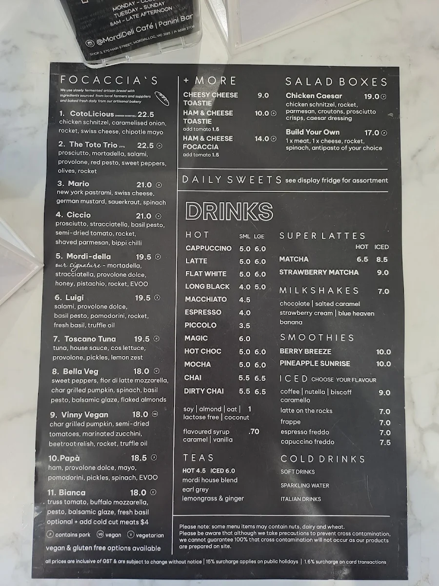 Menu, Mordi Deli Cafe Panini Bar