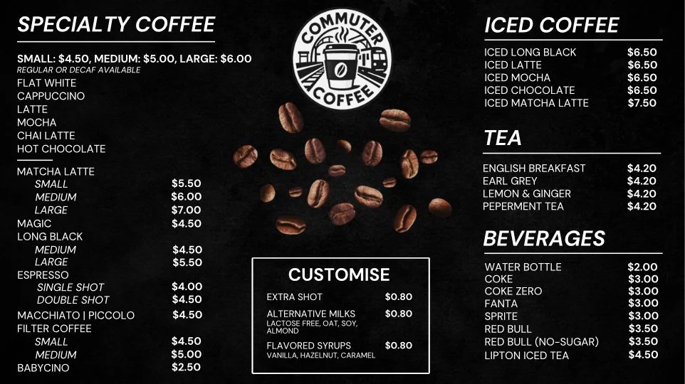 Menu, Commuter Coffee - Train Station