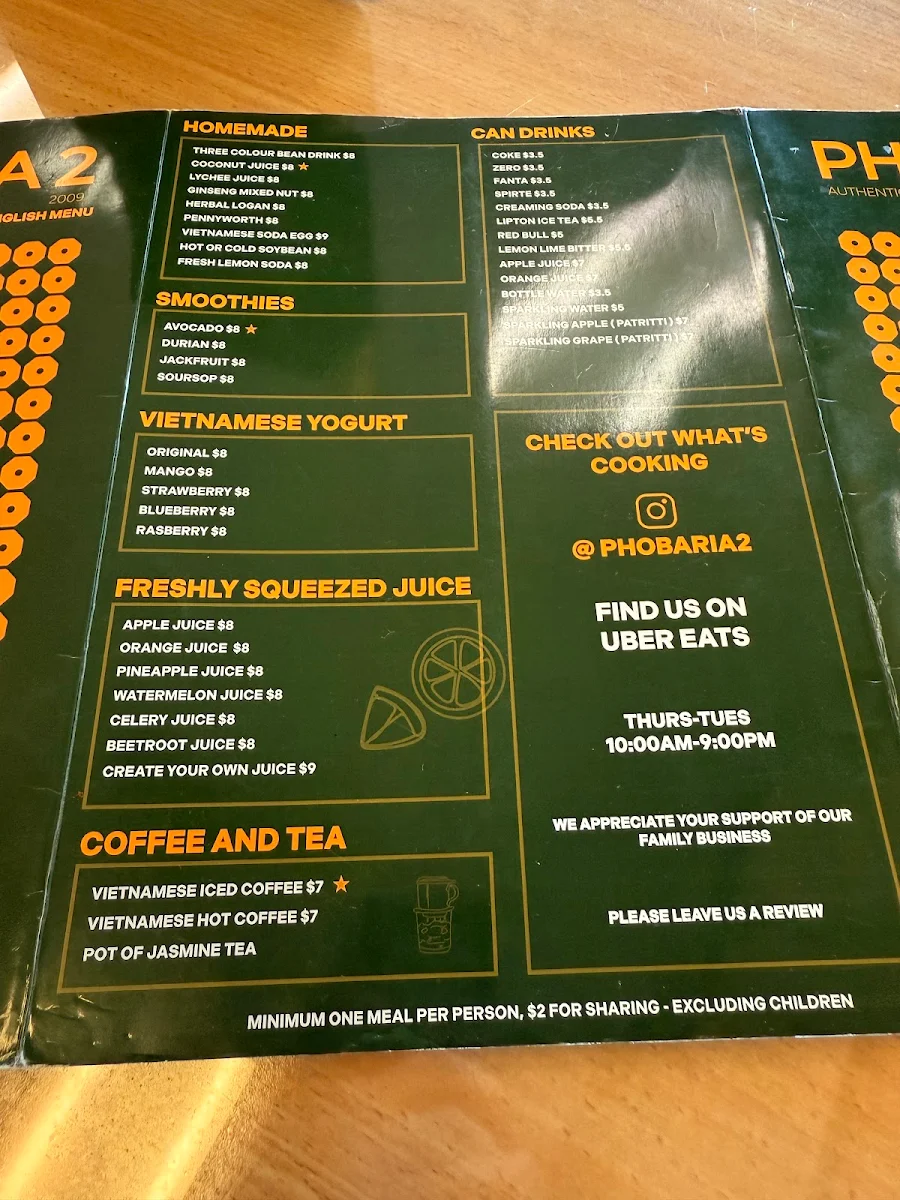 Menu, Pho Ba Ria 2