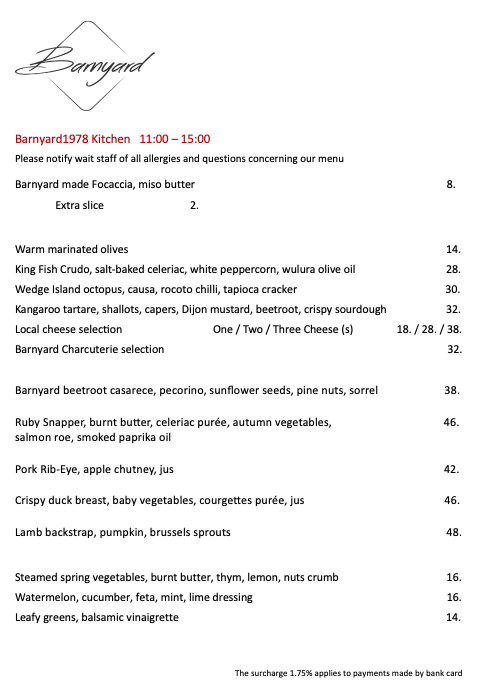 Menu, Barnyard1978