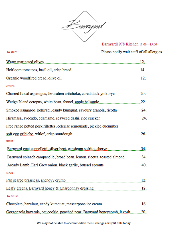 Menu, Barnyard1978