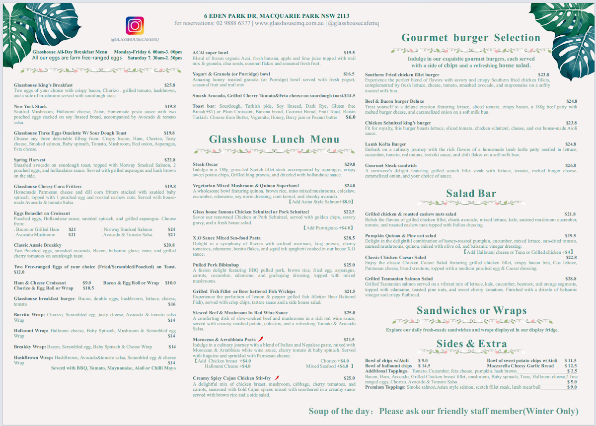 Menu, Glasshouse Cafe Restaurant & Wine Bar