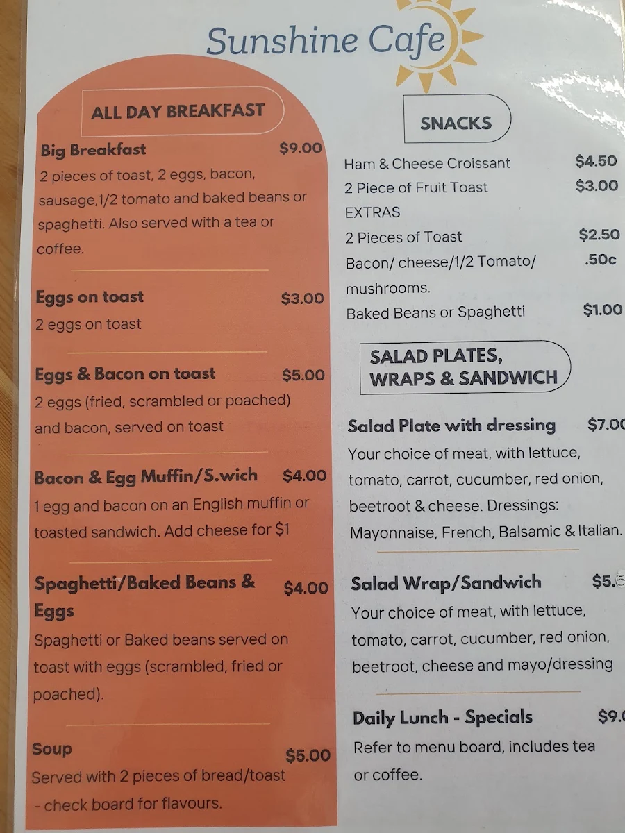 Menu, Sunshine Cafe