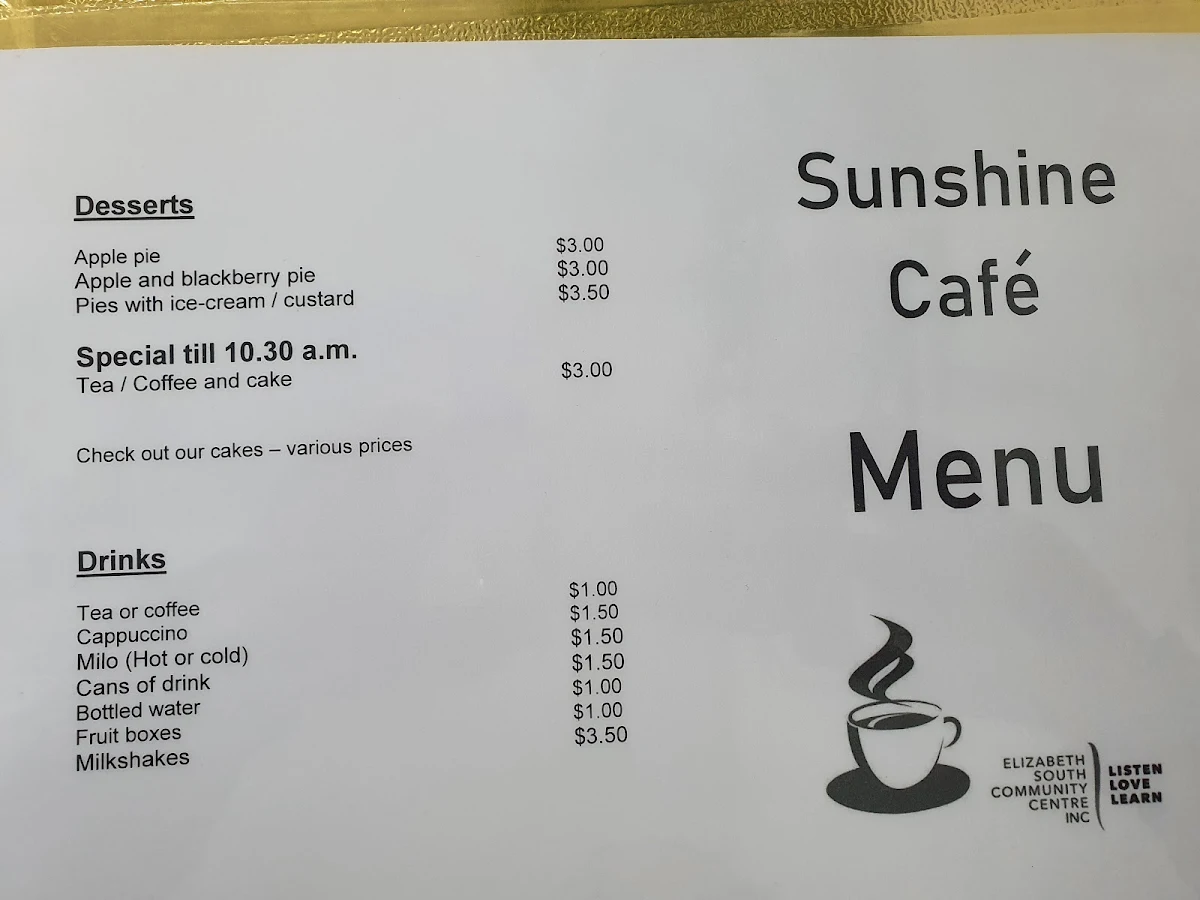 Menu, Sunshine Cafe
