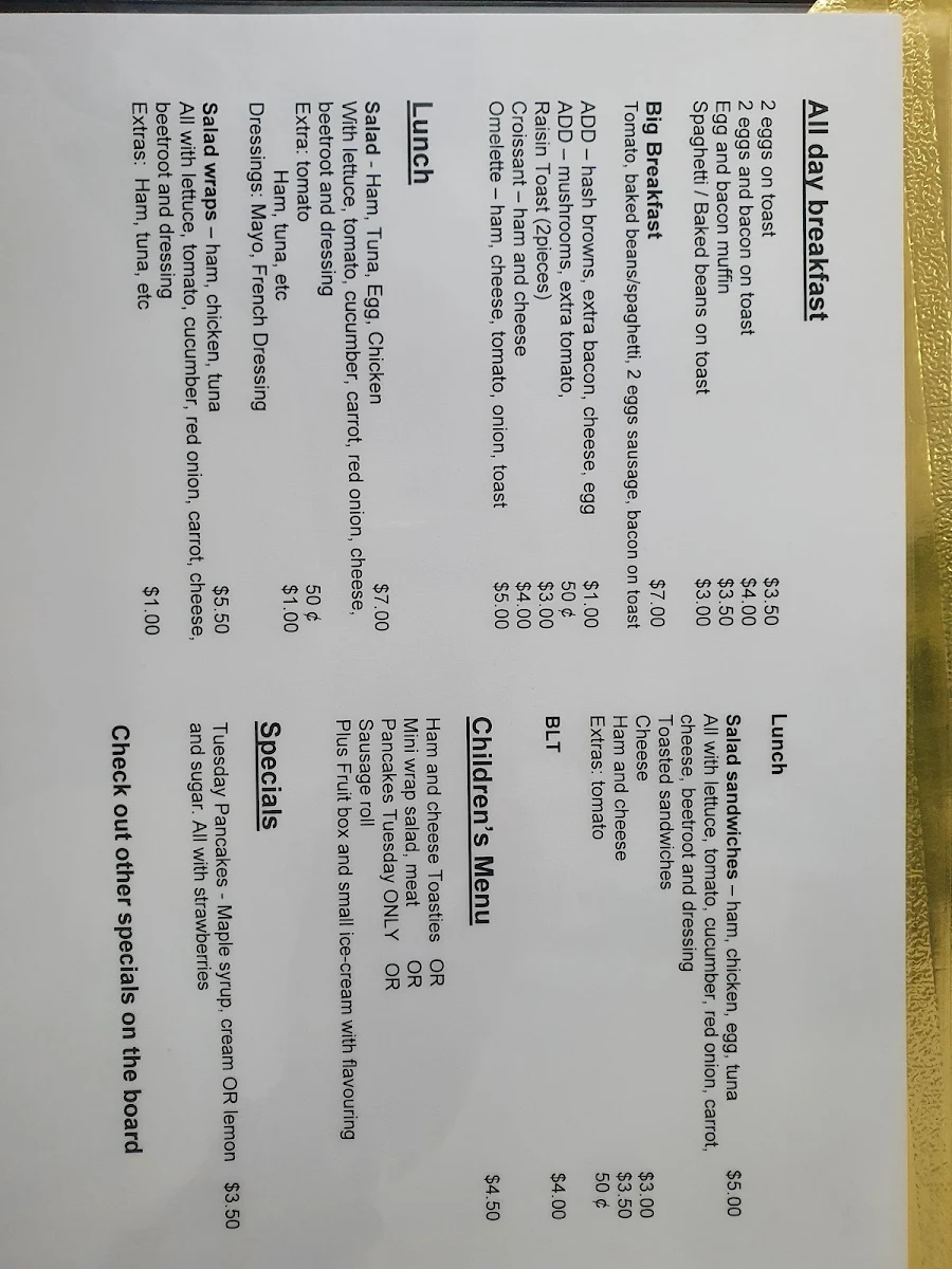 Menu, Sunshine Cafe